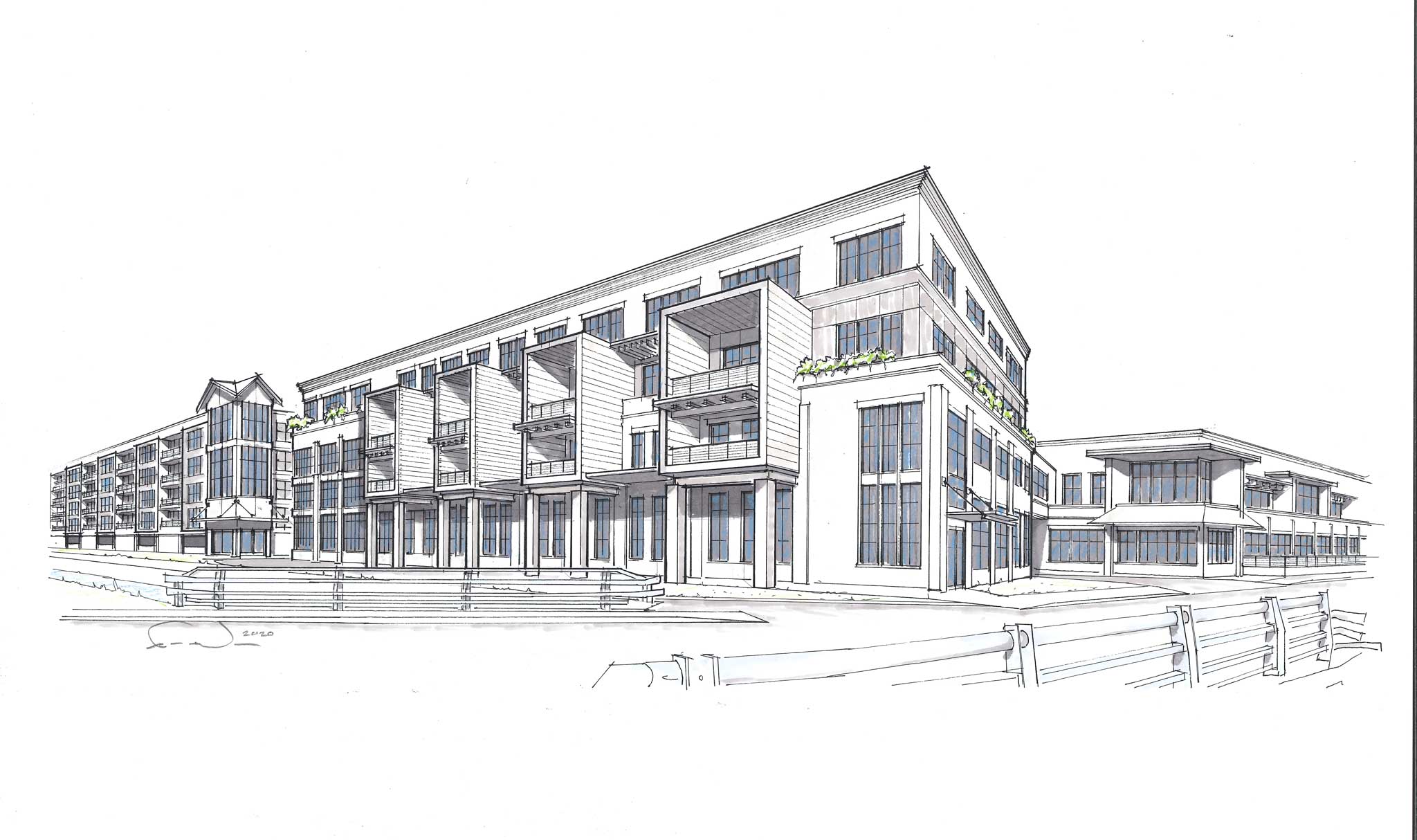 A visionary artist's rendering reimagining a brownfield factory building as a mixed-use residential complex with industrial modern facade additions