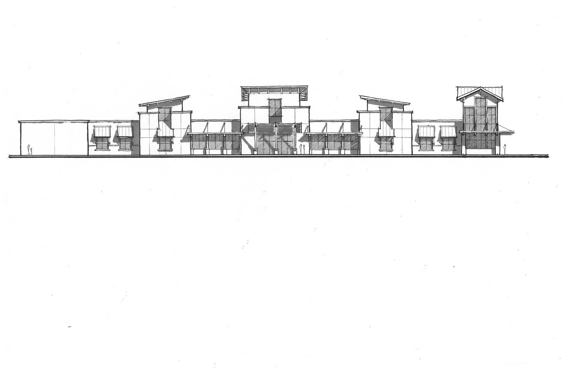 Technical drawing of commercial project, front view of buildings.