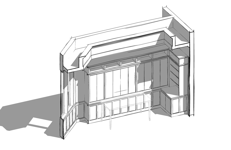 Animated technical drawing of entertainment center and shelving section.