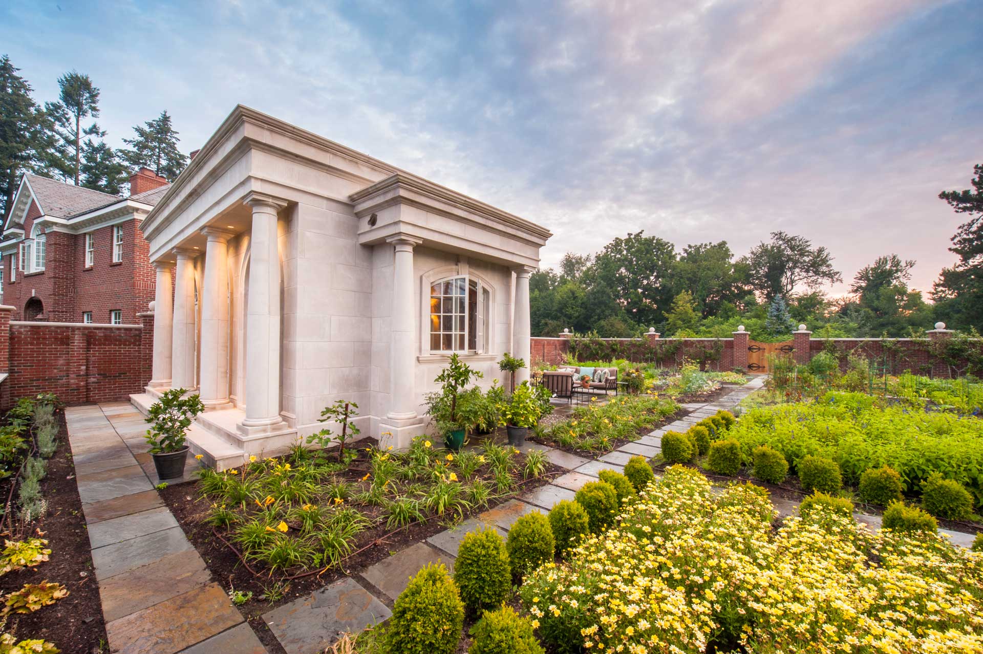 Photo of orangery project, corner view with gardens in foreground