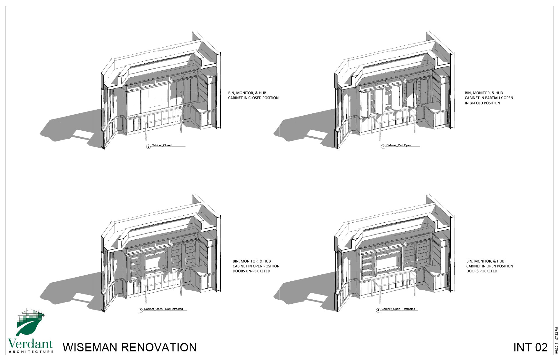 Technical drawings of renovation project, interior entertainment center and shelving